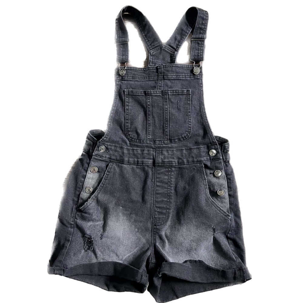 BLACK DENIM DISTRESSED SHORT OVERALLS SIZE SMALL